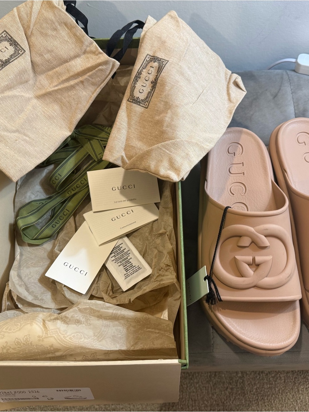 Gucci Vintage Camel GG Logo Rubber Slide Sandals